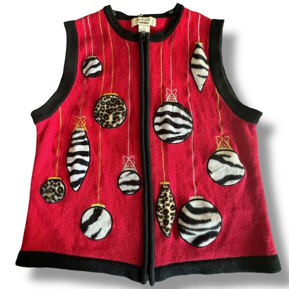 Animal Print Cheetah Zebra Christmas Ornament Zipper Sweater Vest Small Vintage - Picture 2 of 11